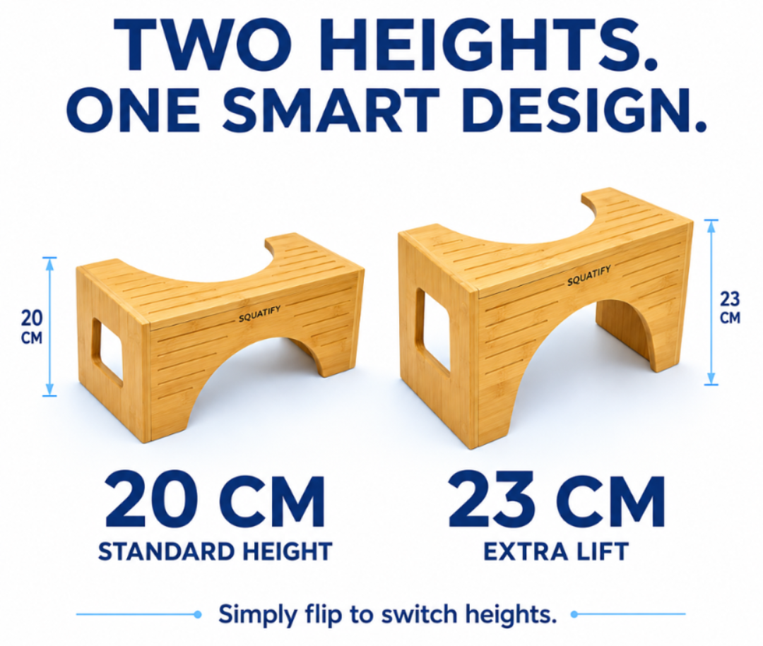 Squatify wooden height-adjustable squat racks shown on a white background with text indicating two heights: standard 20 cm and extra lift 23 cm.